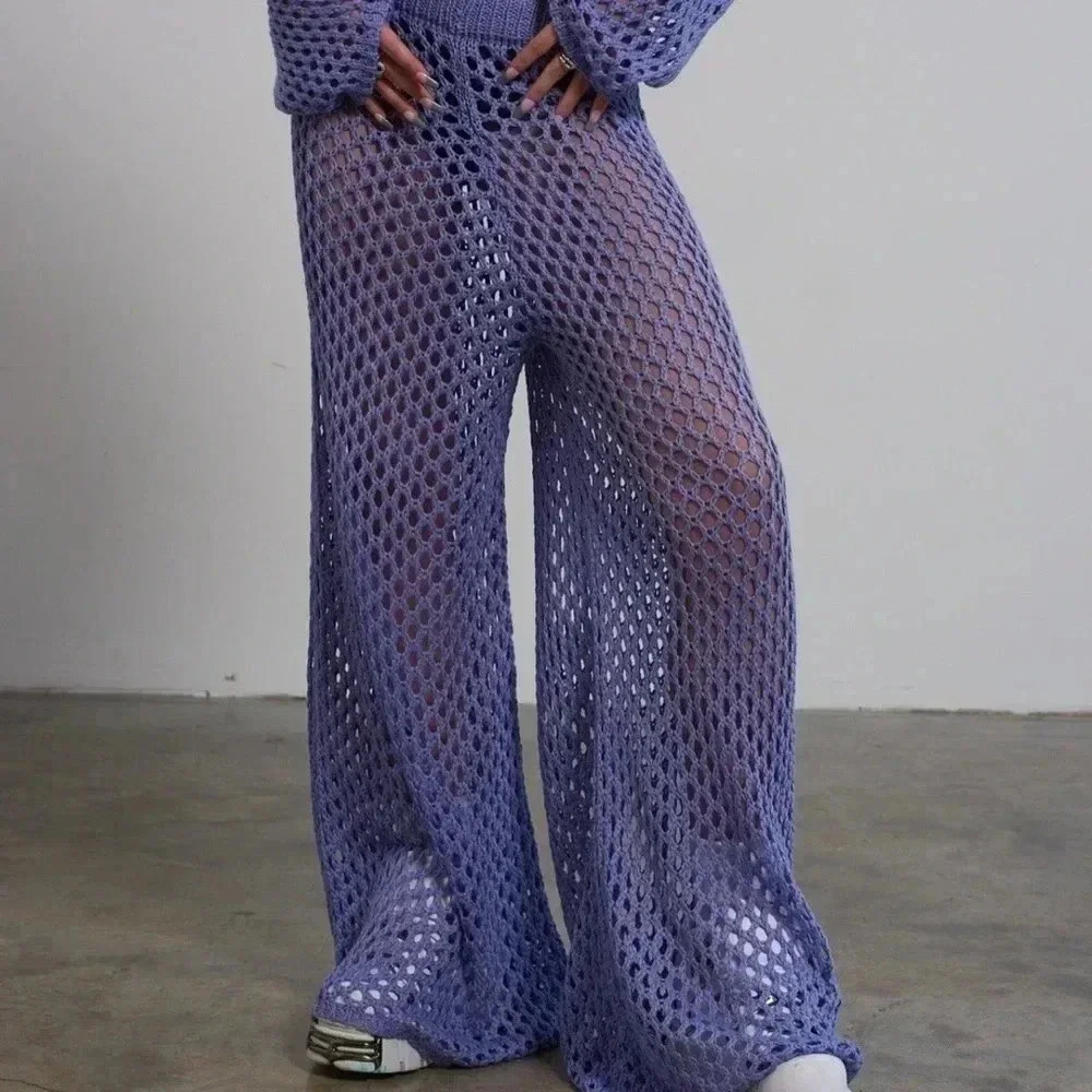 The Ragged Priest Lavender Crochet Wide-Leg Pants